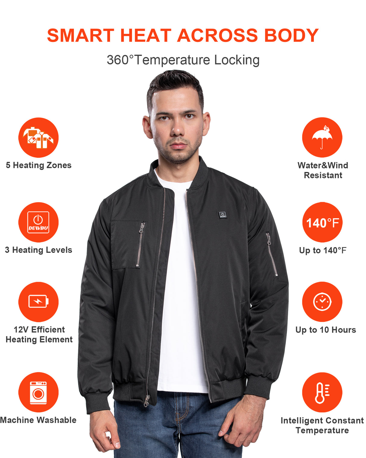 Men's Heated Bomber Padded Jacket with 12V Battery Pack -Black With Silver Zipper