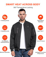 Men's Heated Bomber Padded Jacket with 12V Battery Pack -Black With Silver Zipper