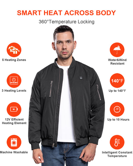Men's Heated Bomber Padded Jacket with 12V Battery Pack