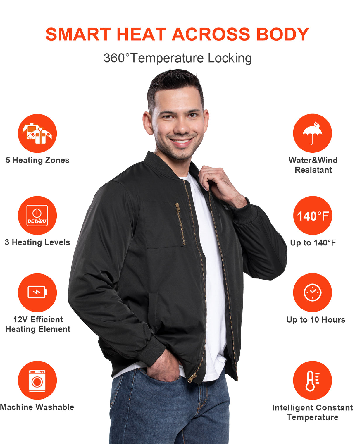Men's Heated Bomber Padded Jacket with 12V Battery Pack -Black With Copper Zipper