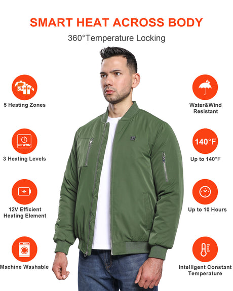 Men's Heated Bomber Padded Jacket with 12V Battery Pack