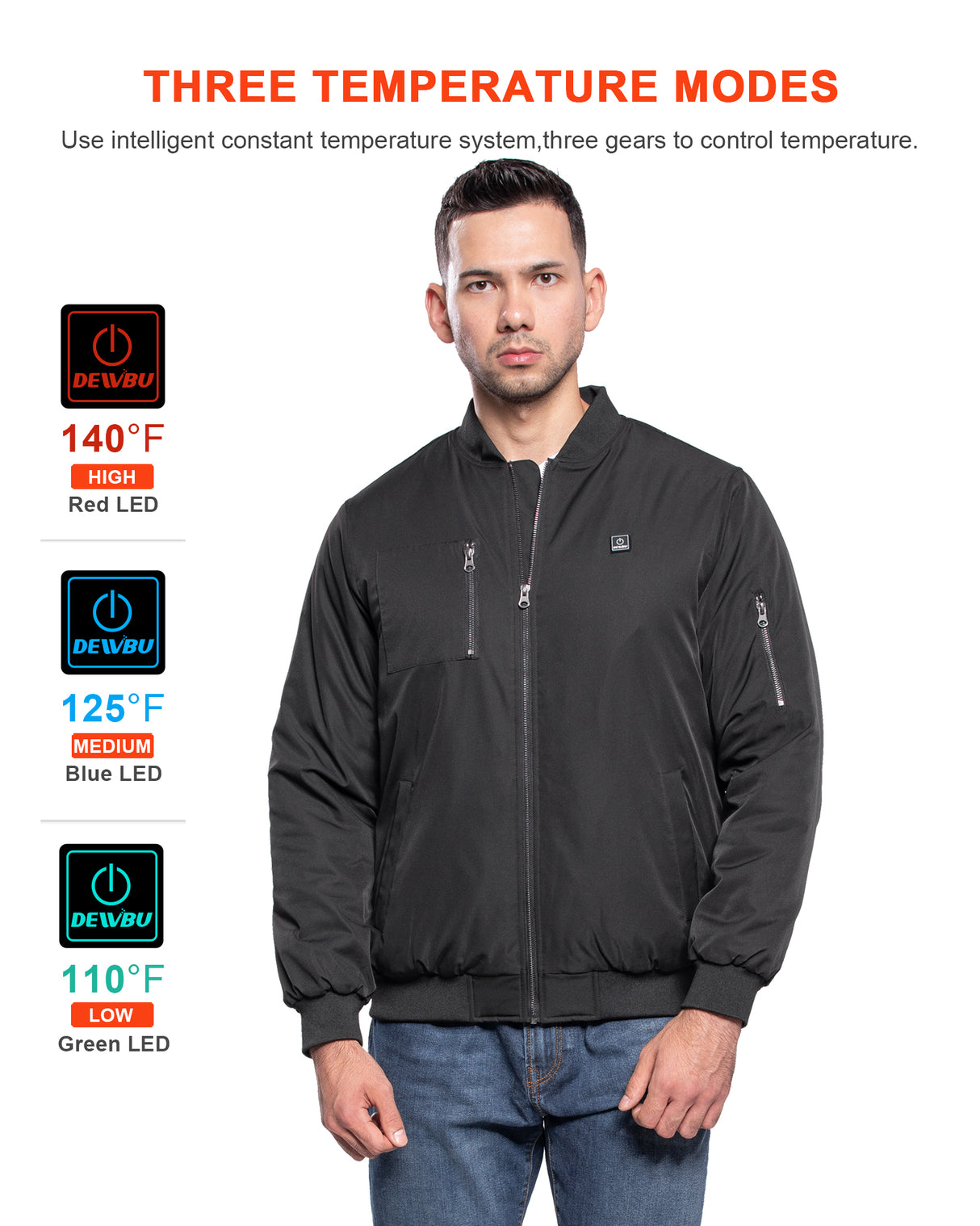 Men's Heated Bomber Padded Jacket with 12V Battery Pack -Black With Black Zipper