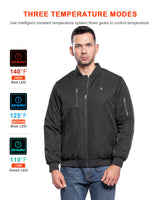 Men's Heated Bomber Padded Jacket with 12V Battery Pack -Black With Black Zipper