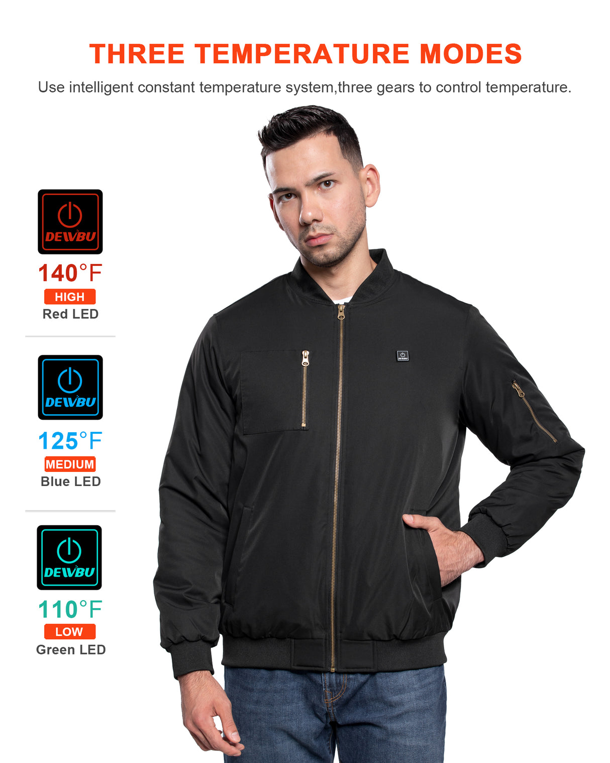 Men's Heated Bomber Padded Jacket with 12V Battery Pack -Black With Copper Zipper