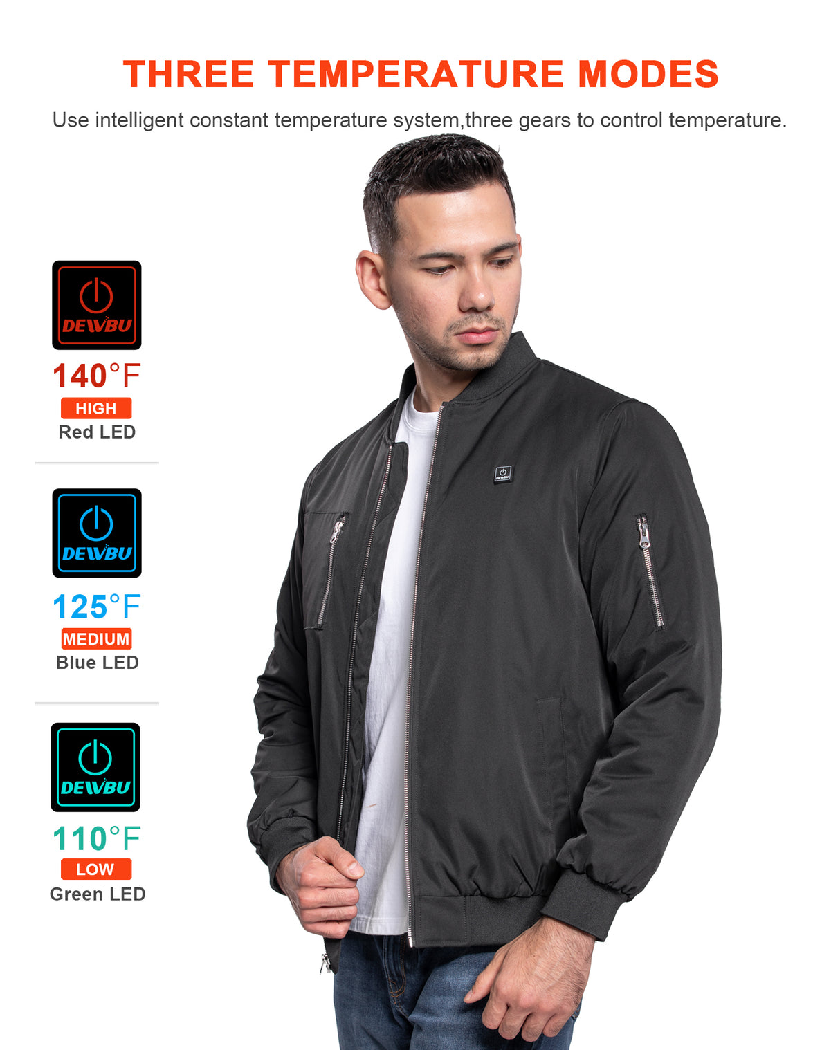 Men's Heated Bomber Padded Jacket with 12V Battery Pack -Black With Silver Zipper