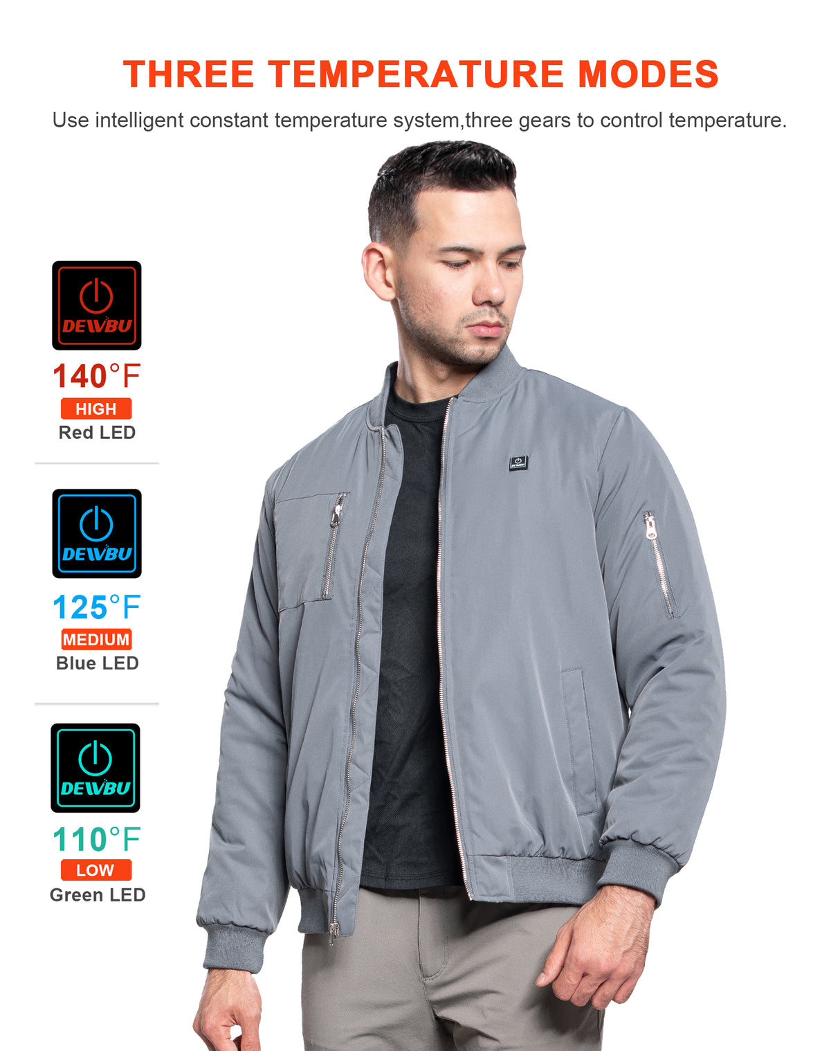 Men's Heated Bomber Padded Jacket with 12V Battery Pack -Grey