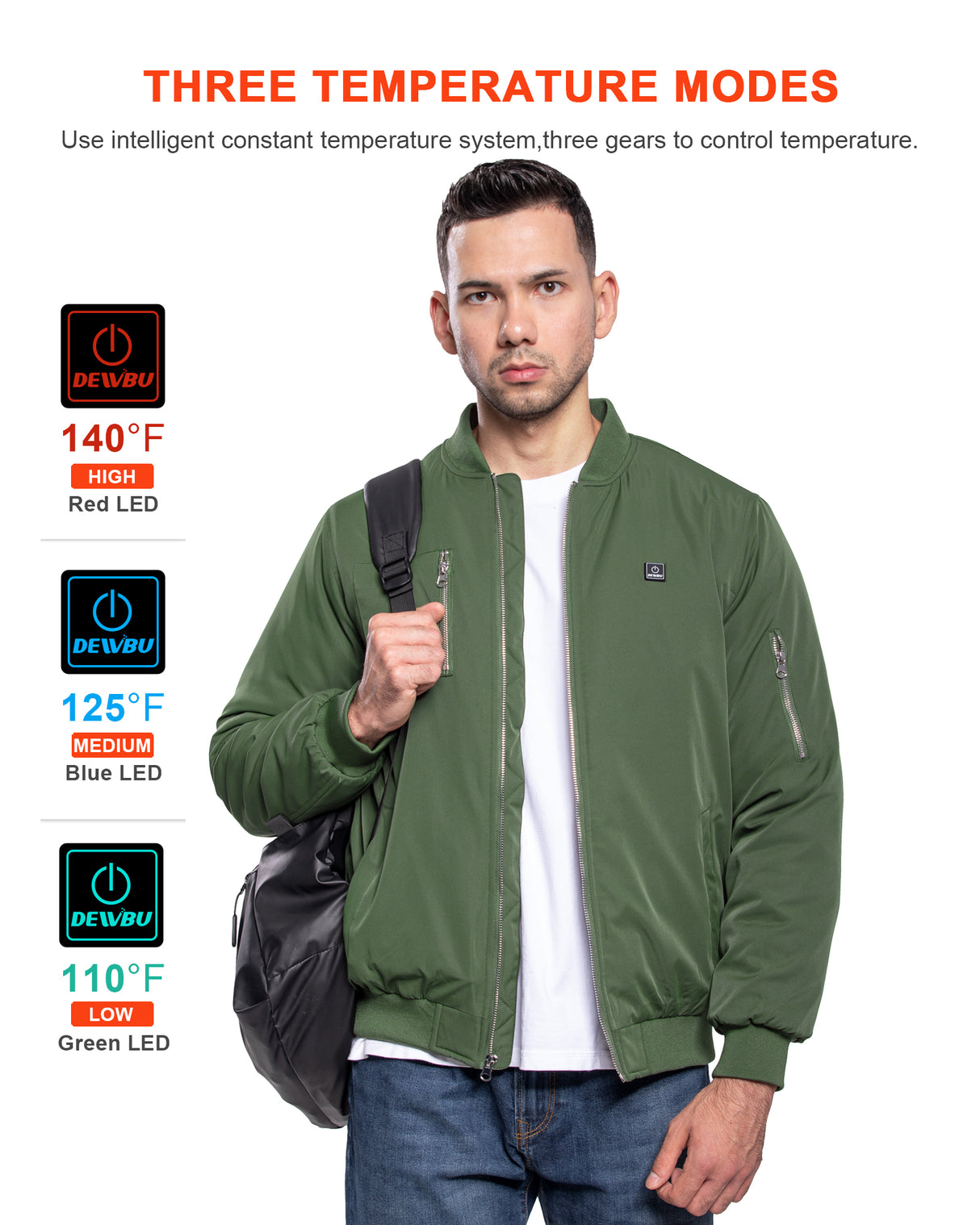 Men's Heated Bomber Padded Jacket with 12V Battery Pack -Olive Green