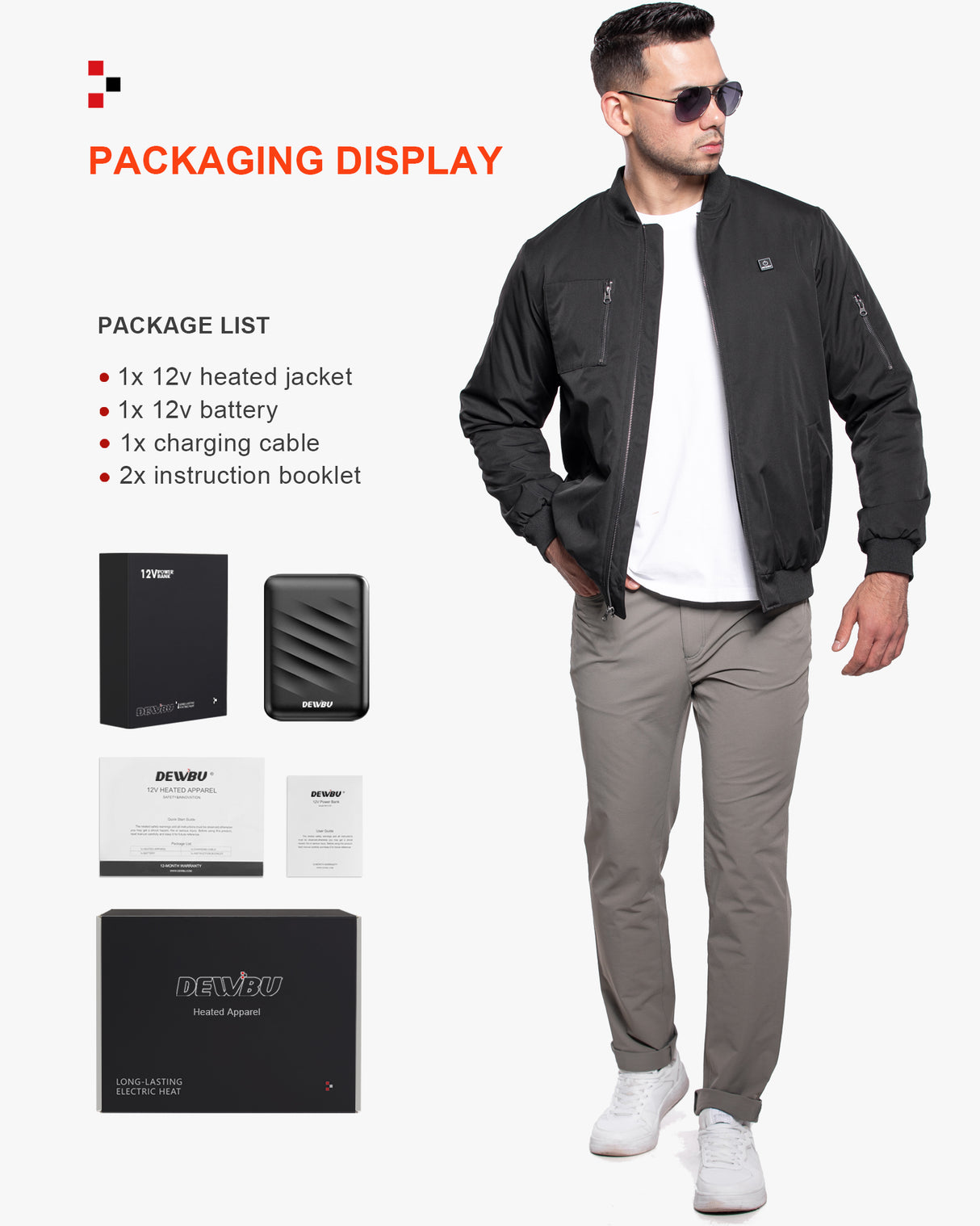 Men's Heated Bomber Padded Jacket with 12V Battery Pack -Black With Black Zipper