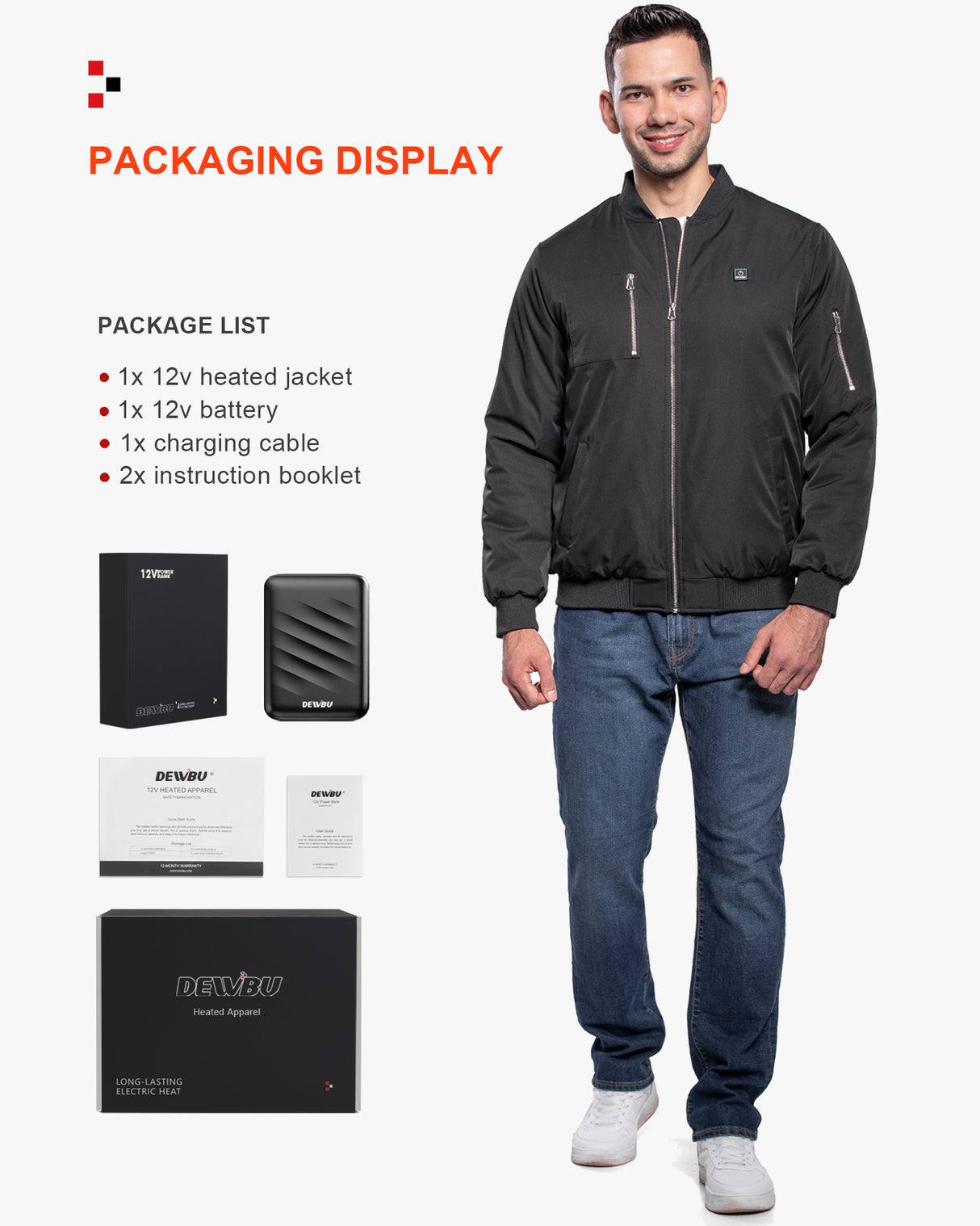 Men's Heated Bomber Padded Jacket with 12V Battery Pack -Black With Silver Zipper