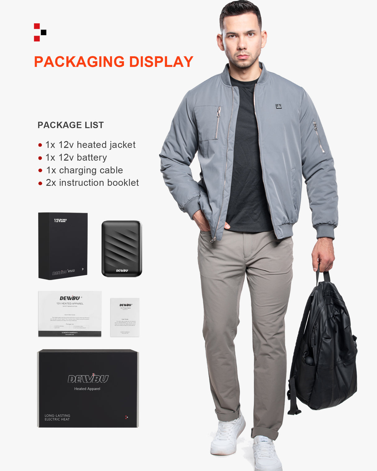 Men's Heated Bomber Padded Jacket with 12V Battery Pack -Grey