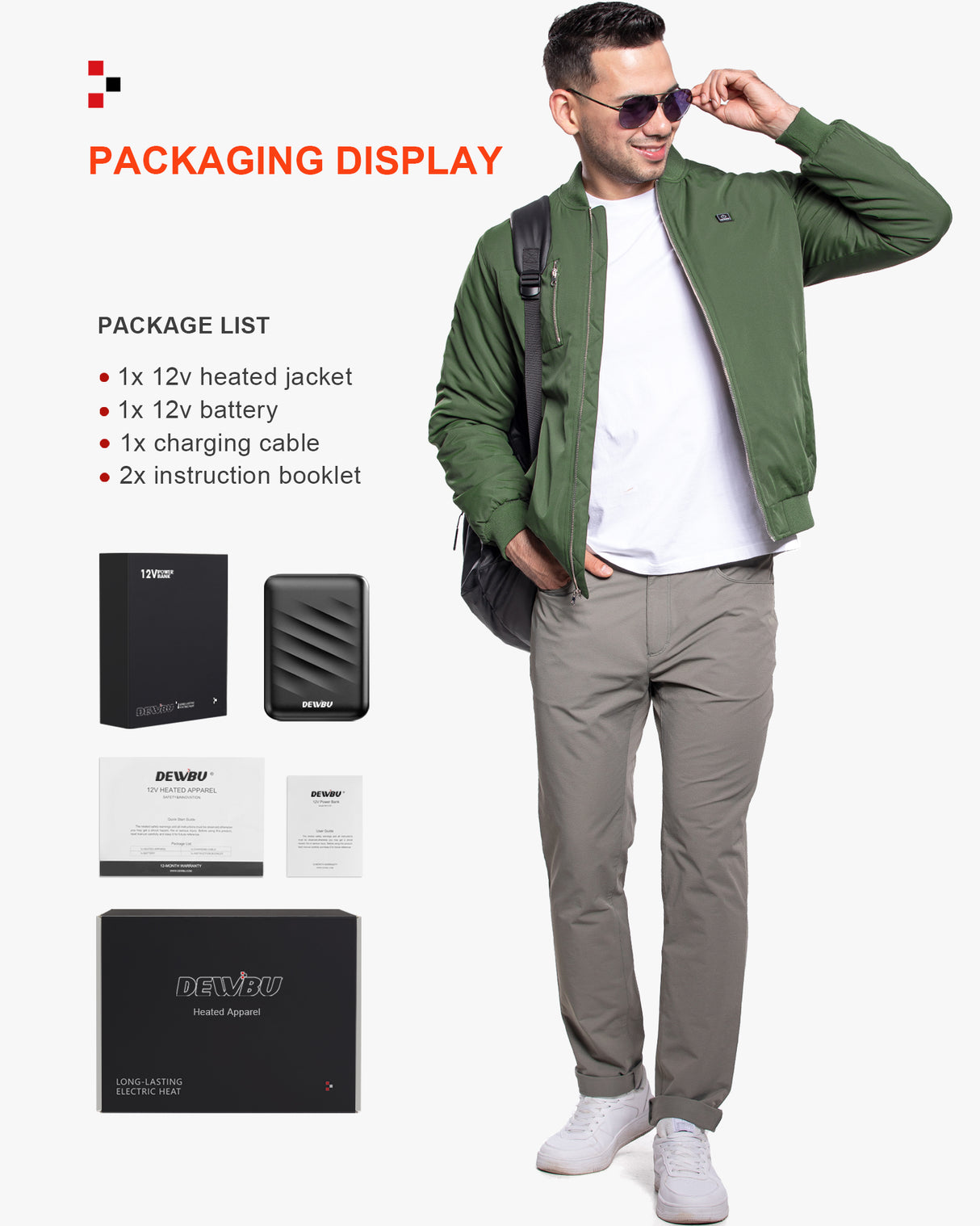 Men's Heated Bomber Padded Jacket with 12V Battery Pack -Olive Green