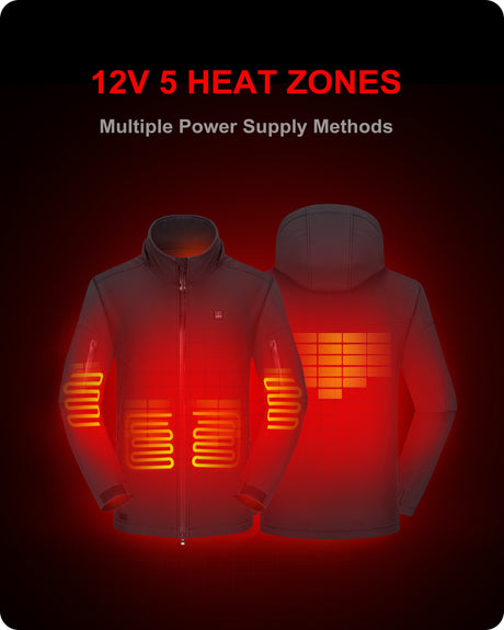Men's Soft Shell Heated Jacket Detachable Hood With 12V Battery Pack