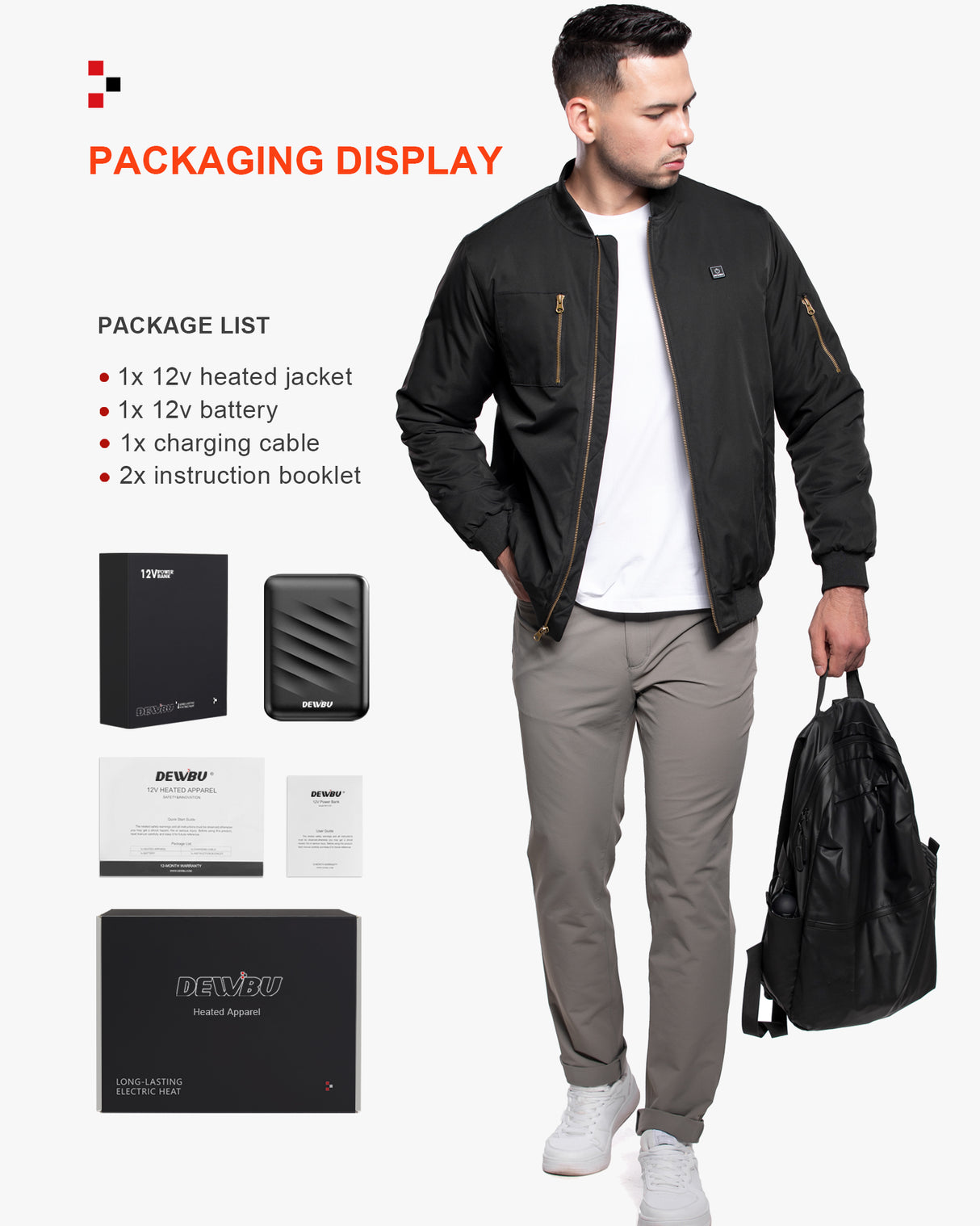 Men's Heated Bomber Padded Jacket with 12V Battery Pack -Black With Copper Zipper
