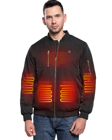 Men's Heated Bomber Padded Jacket with 12V Battery Pack -Black With Copper Zipper