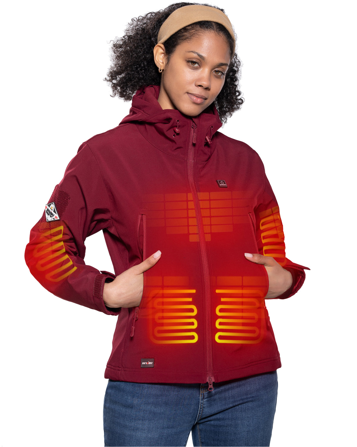DEWBU Women's Soft Shell Heated Jacket with 12V Battery Pack - Black Red / L