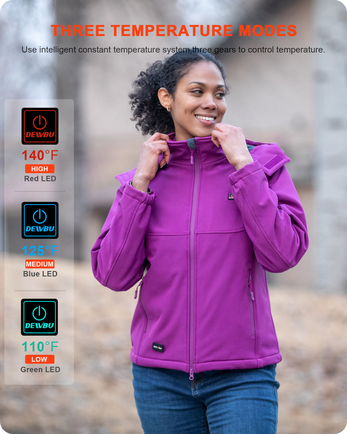 Women's Soft Shell Heated Jacket Detachable Hood With 12V Battery Pack