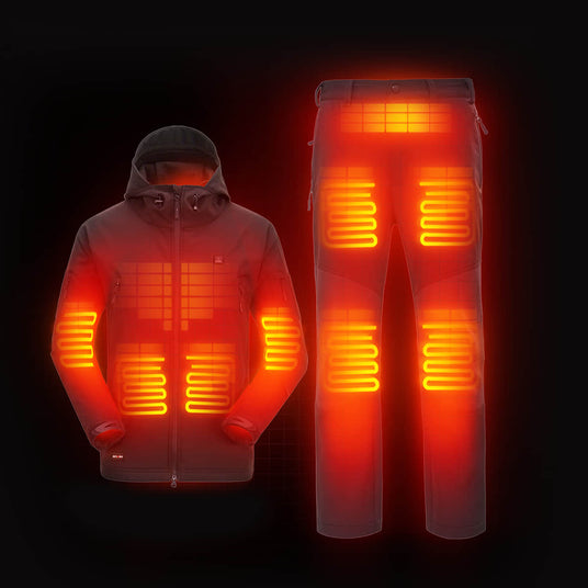 DEWBU 12V heated jacket and heated pants with five heating zones each to provide targeted warmth in key areas