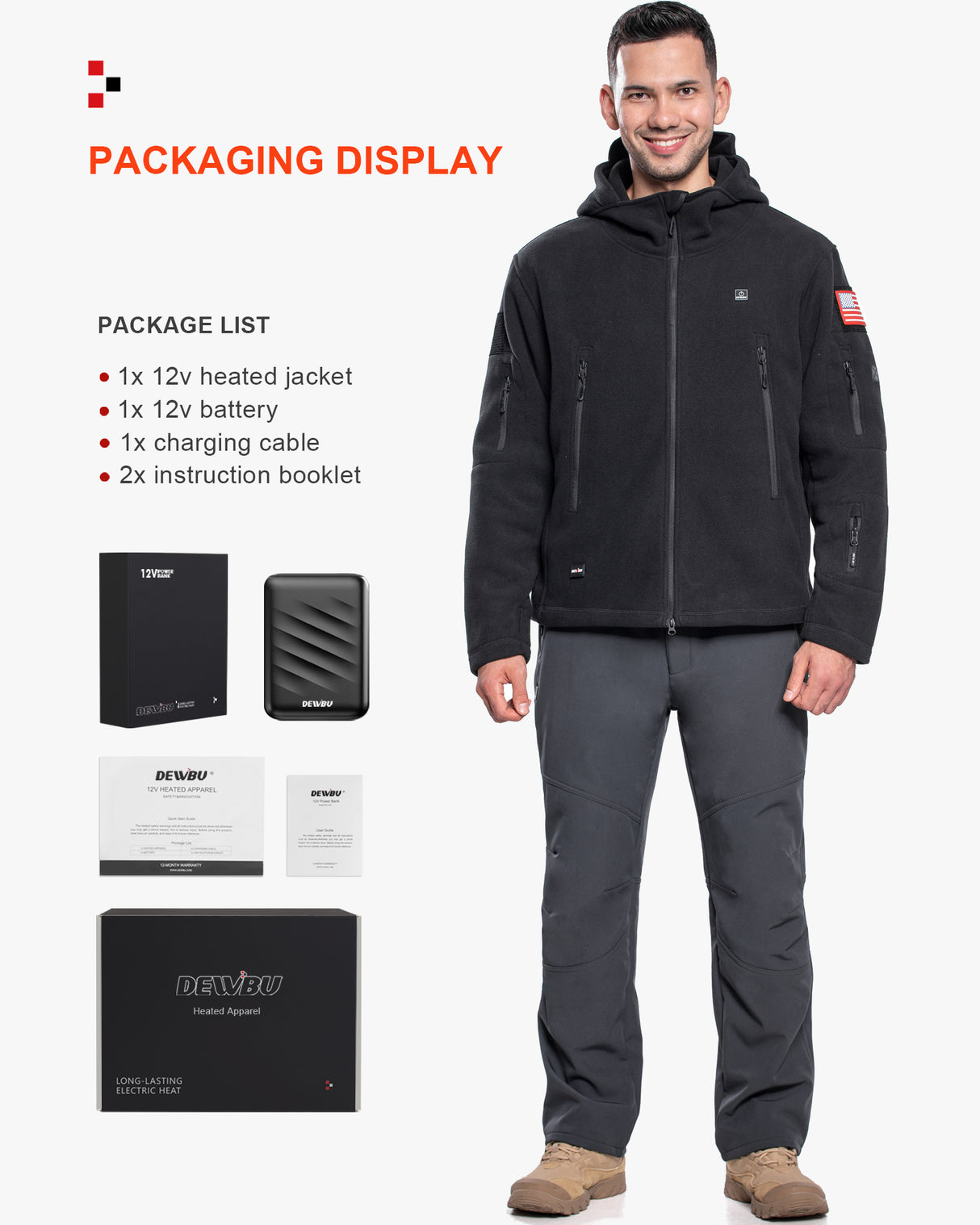 Men's Polar Fleece Heated Jacket With 12V Battery Pack - Black