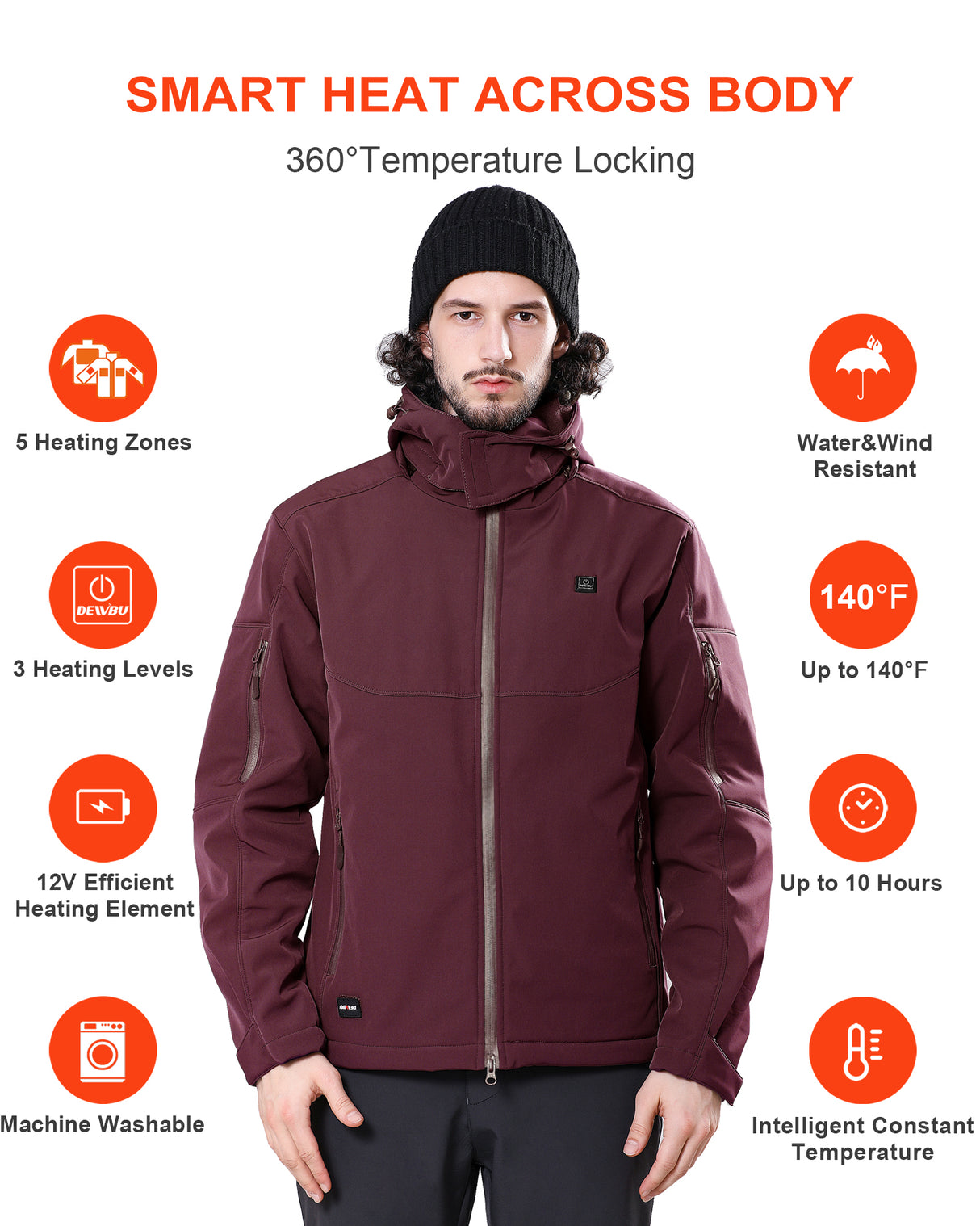 [New Color] Men's Heated Jacket Detachable Hood With 12V Battery Pack - Red