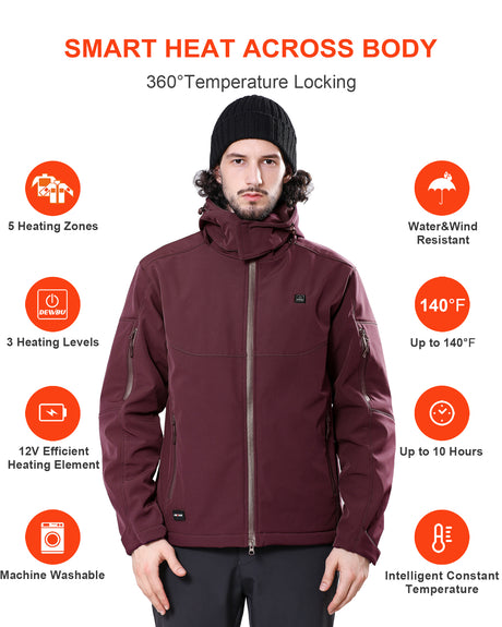 Men's Soft Shell Heated Jacket Detachable Hood With 12V Battery Pack