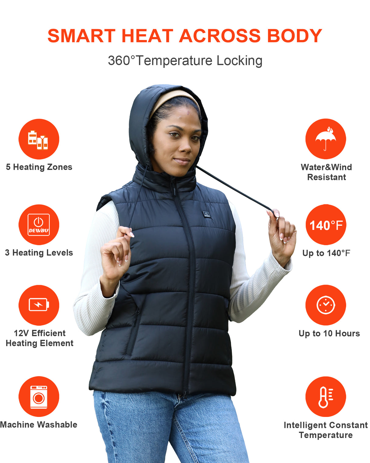Women's Heated Vest Detachable Hood With 12V Battery Pack - Black