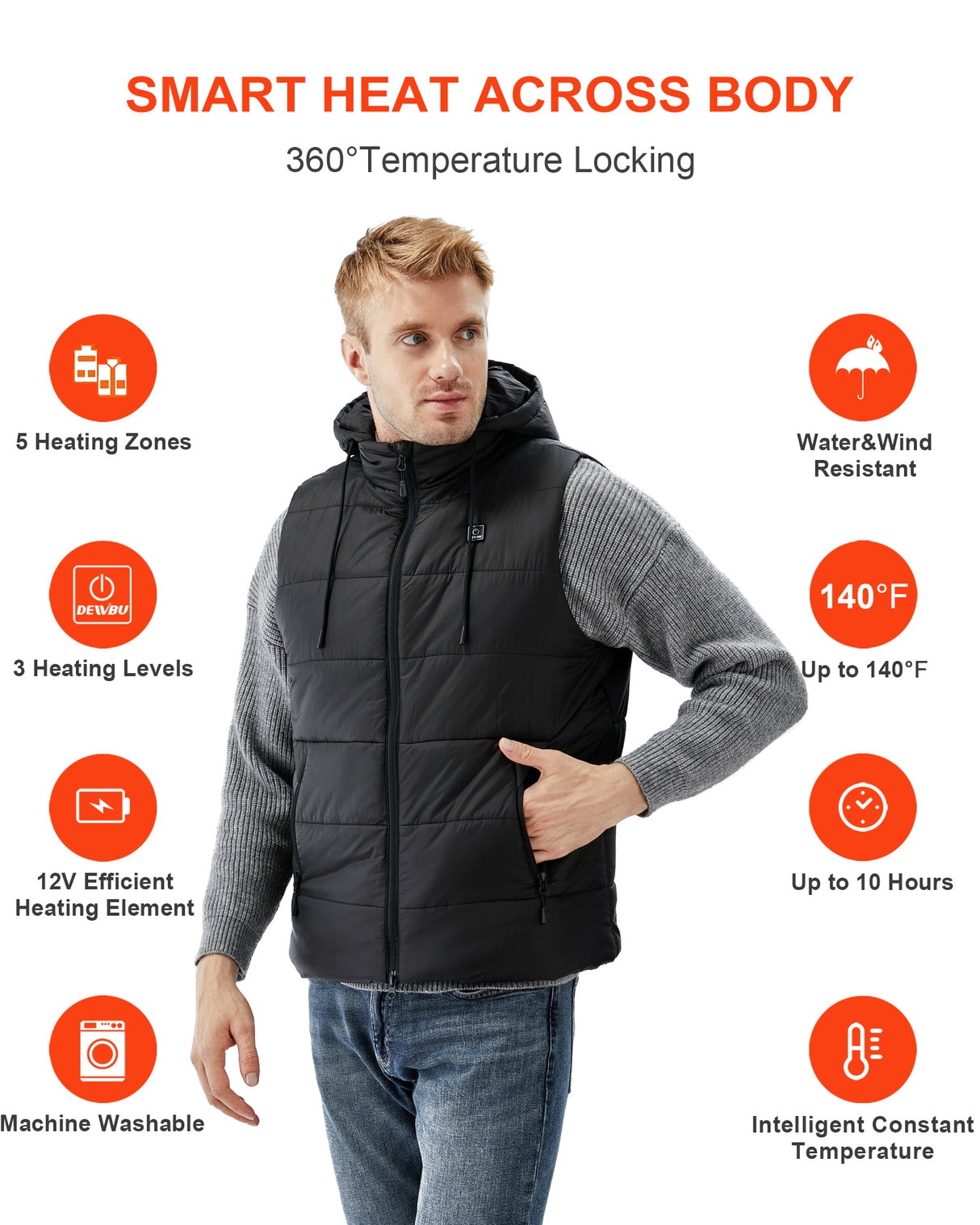 Men's Heated Vest Detachable Hood With 12V Battery Pack - Black