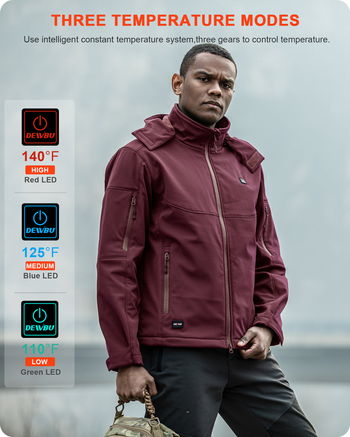 [New Color] Men's Heated Jacket Detachable Hood With 12V Battery Pack - Red