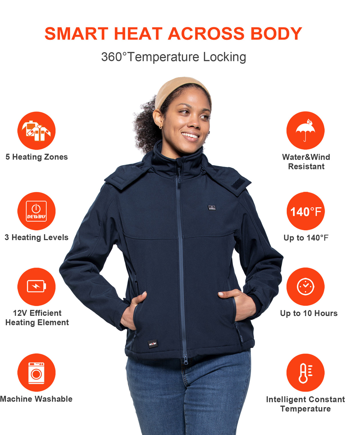 Women's Heated Jacket Detachable Hood With 12V Battery Pack - Dark Blue