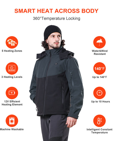 Men's Soft Shell Heated Jacket Detachable Hood With 12V Battery Pack