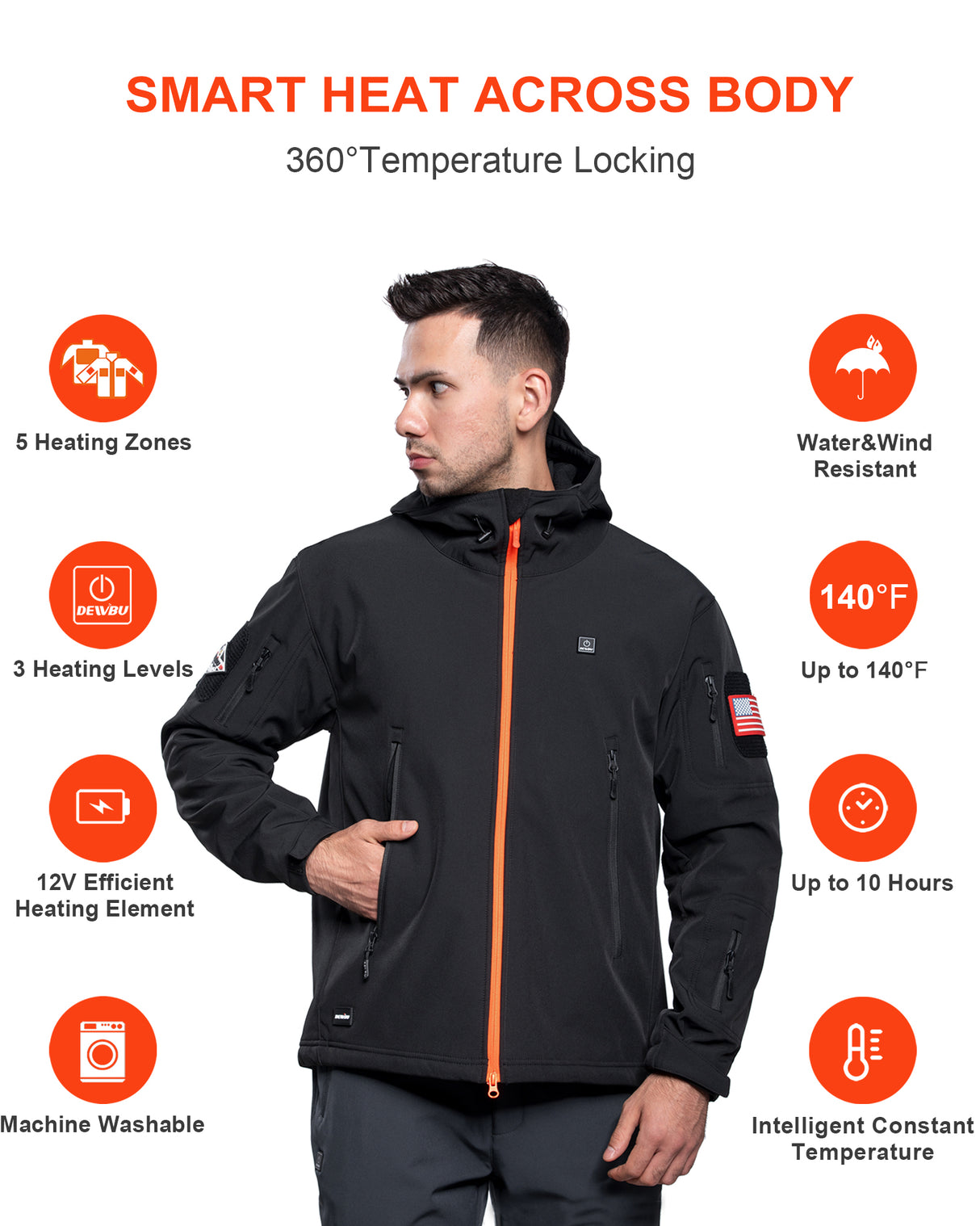 Men's Soft Shell Heated Jacket With 12V Battery Pack - Blaze Orange Zipper