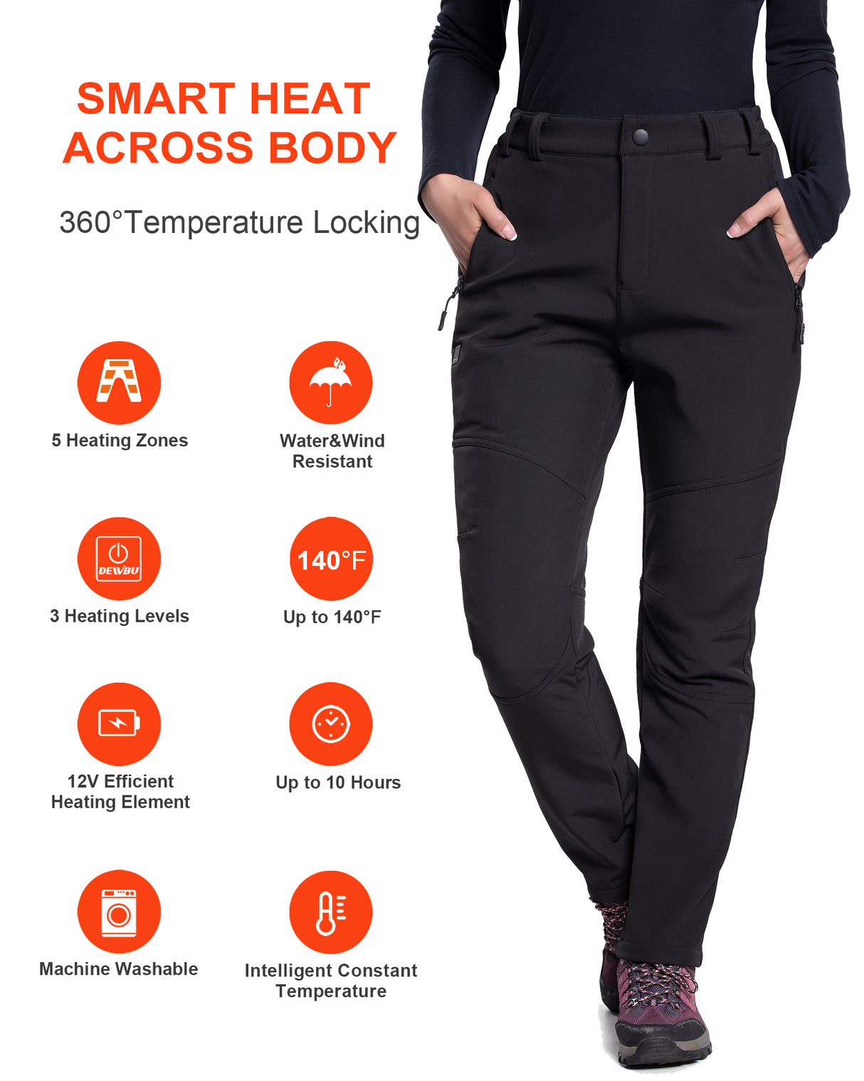 Women's Soft Shell  Heated Pants with 12V Battery Pack Fleece Lined - Black