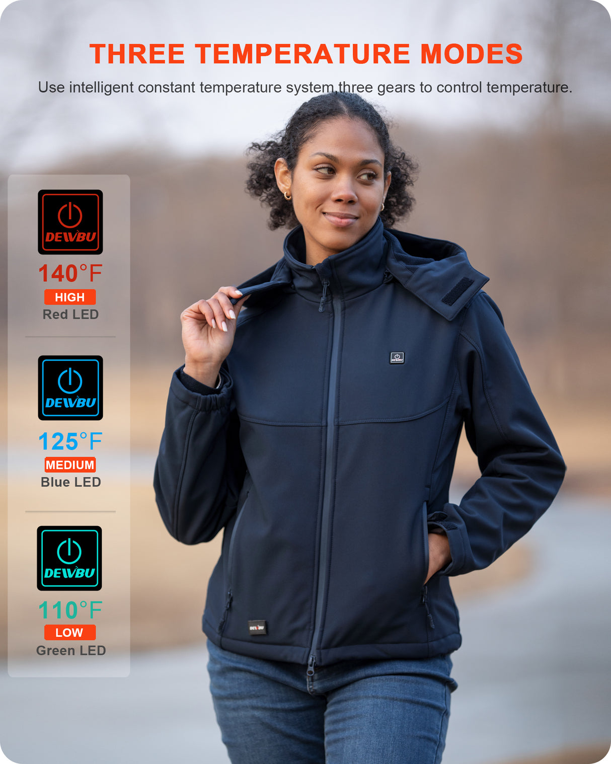 Women's Heated Jacket Detachable Hood With 12V Battery Pack - Dark Blue