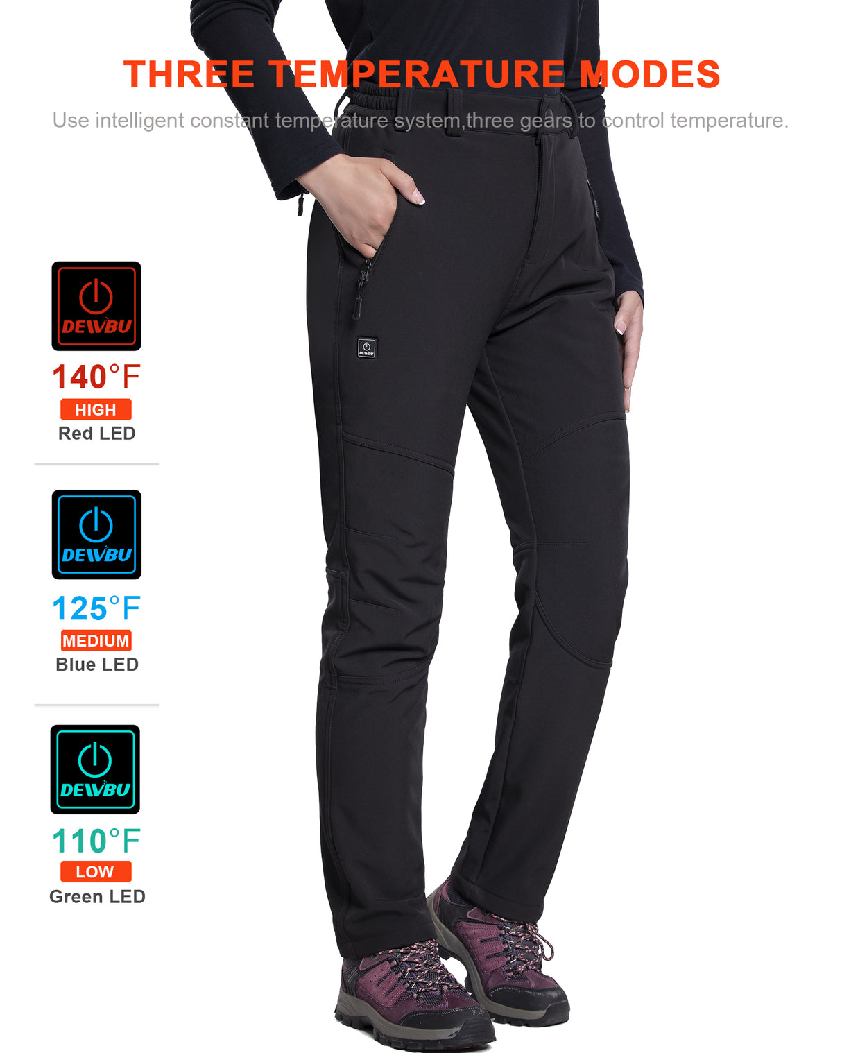 Women's Soft Shell  Heated Pants with 12V Battery Pack Fleece Lined - Black