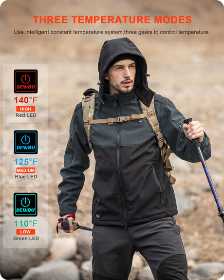 Men's Soft Shell Heated Jacket Detachable Hood With 12V Battery Pack