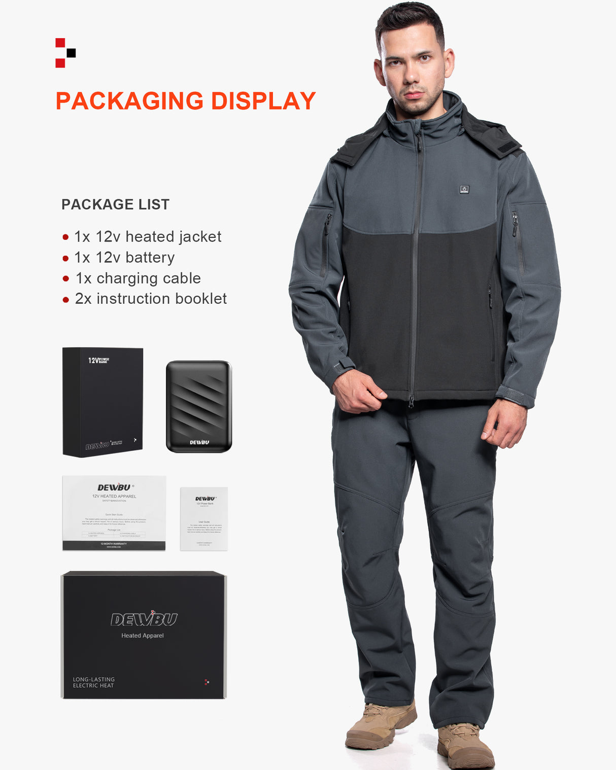 Men's Heated Jacket Detachable Hood With 12V Battery Pack - Black and Grey