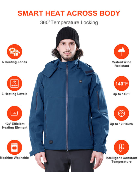Men's Soft Shell Heated Jacket Detachable Hood With 12V Battery Pack