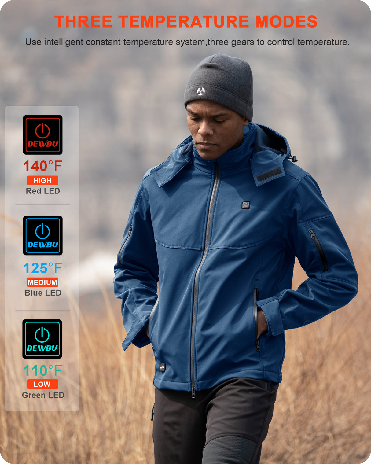 [New Color] Men's Heated Jacket Detachable Hood With 12V Battery Pack - Bright Blue