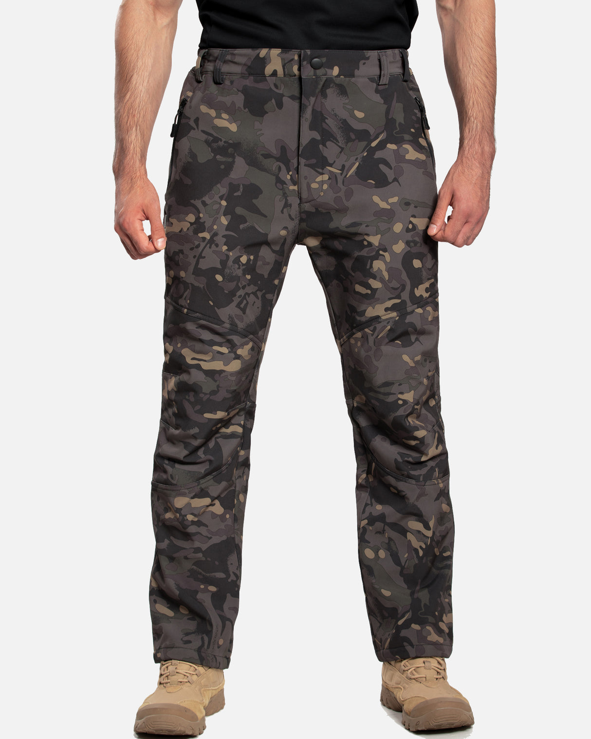 Men's Soft Shell  Heated Pants with 12V Battery Pack Fleece Lined - Black Camo