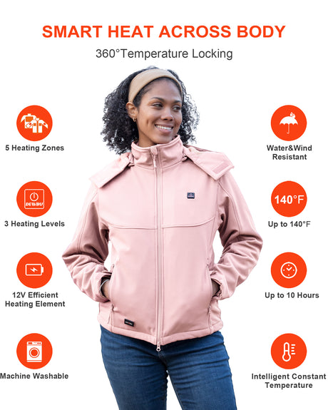 Women's Soft Shell Heated Jacket Detachable Hood With 12V Battery Pack - Pink