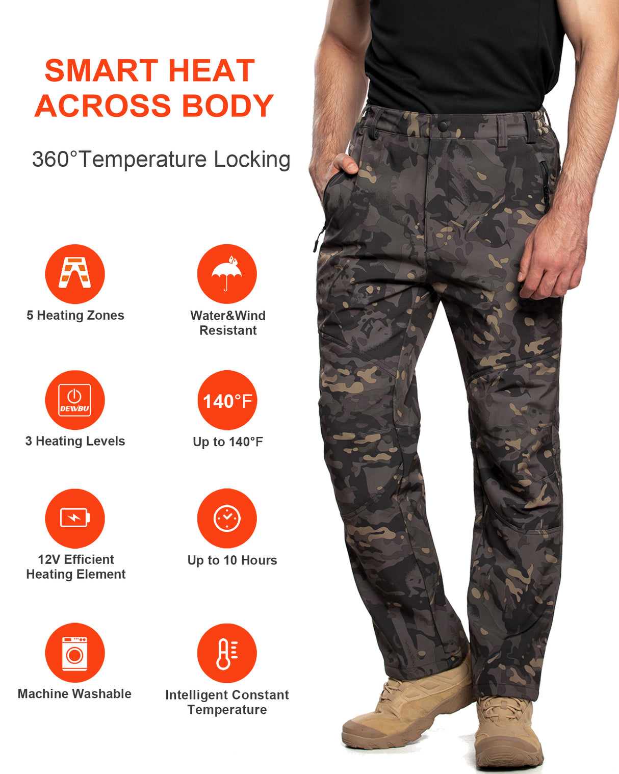 Men's Soft Shell  Heated Pants with 12V Battery Pack Fleece Lined - Black Camo