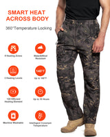Men's Soft Shell  Heated Pants with 12V Battery Pack Fleece Lined - Black Camo