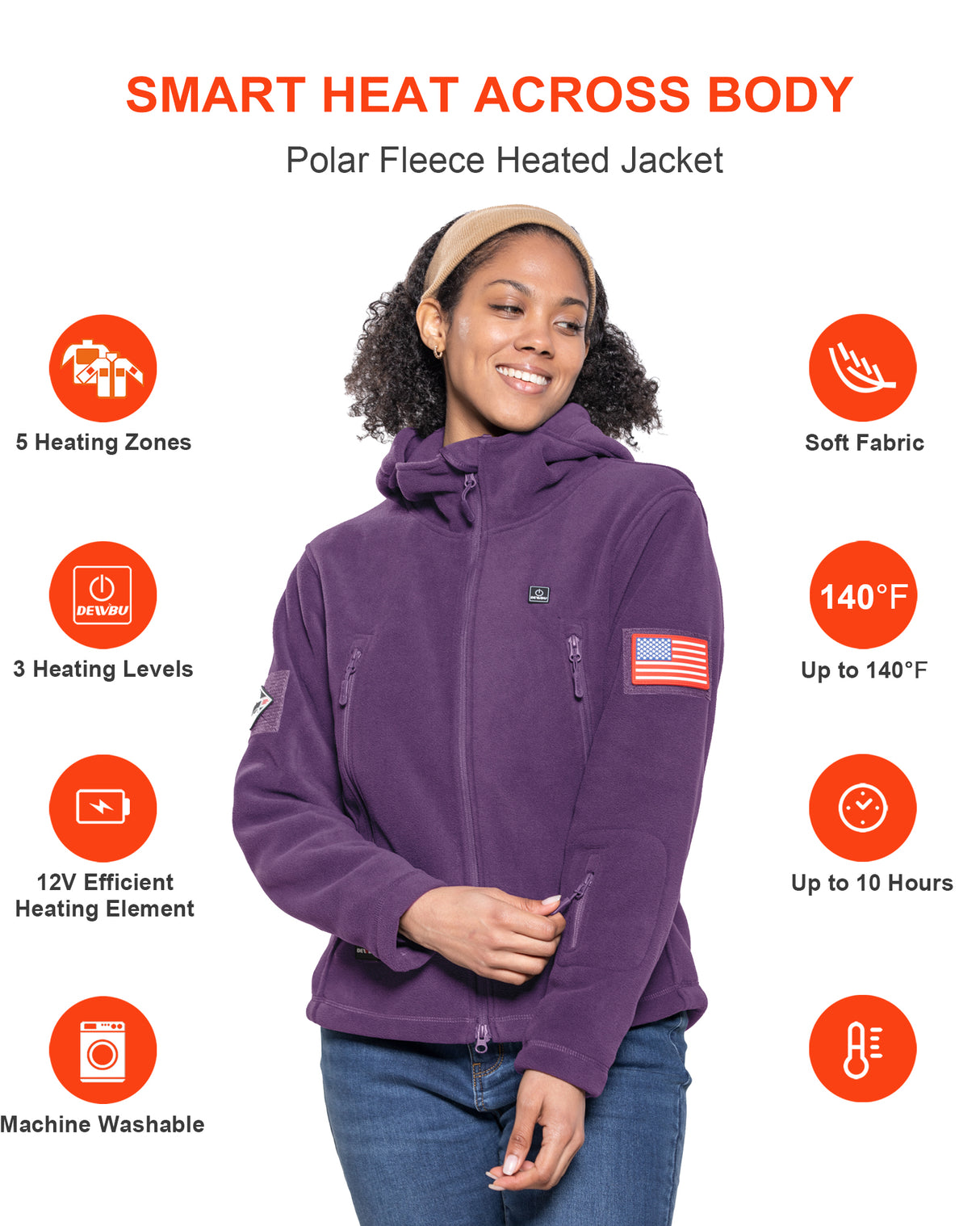 Women's Polar Fleece Heated Jacket With 12V Battery Pack - Dark Purple