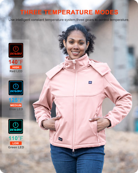 Women's Soft Shell Heated Jacket Detachable Hood With 12V Battery Pack