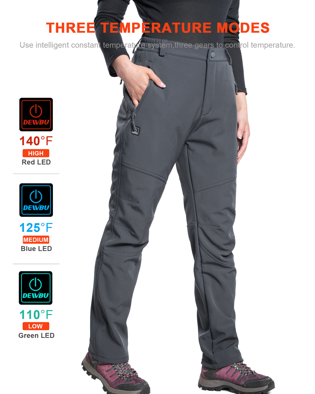 Women's Soft Shell Heated Pants with 12V Battery Pack Fleece Lined - Grey
