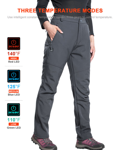Women's Soft Shell Heated Pants with 12V Battery Pack Fleece Lined - Grey