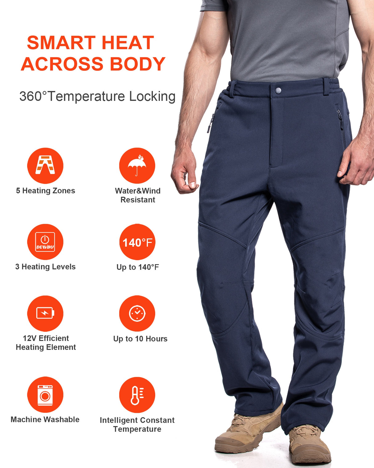 Men's Soft Shell  Heated Pants with 12V Battery Pack Fleece Lined - Dark Blue