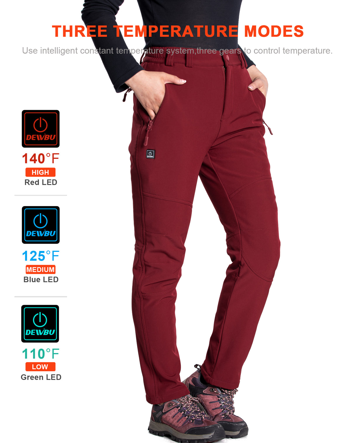 Women's Soft Shell  Heated Pants with 12V Battery Pack Fleece Lined - Red