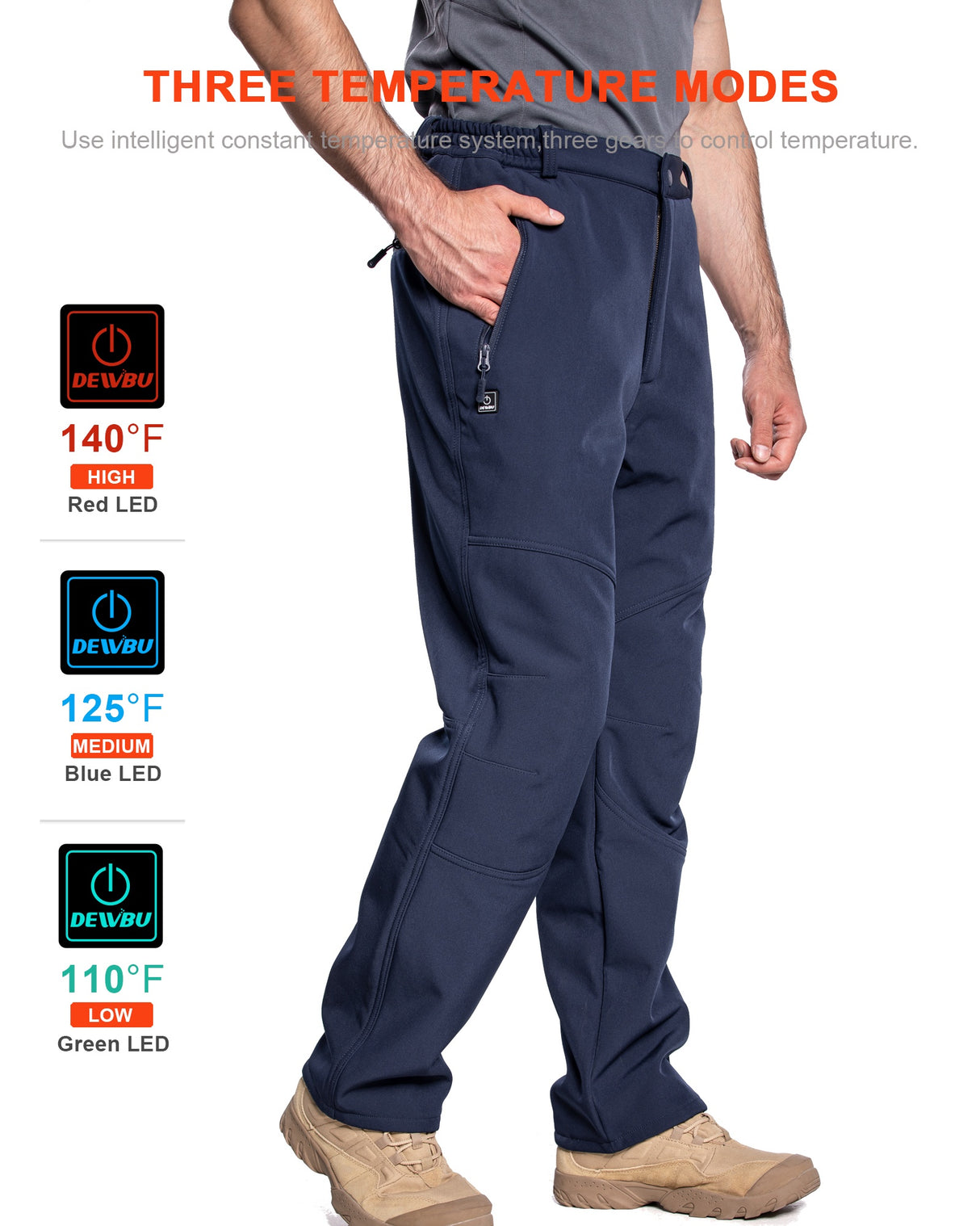 Men's Soft Shell  Heated Pants with 12V Battery Pack Fleece Lined - Dark Blue