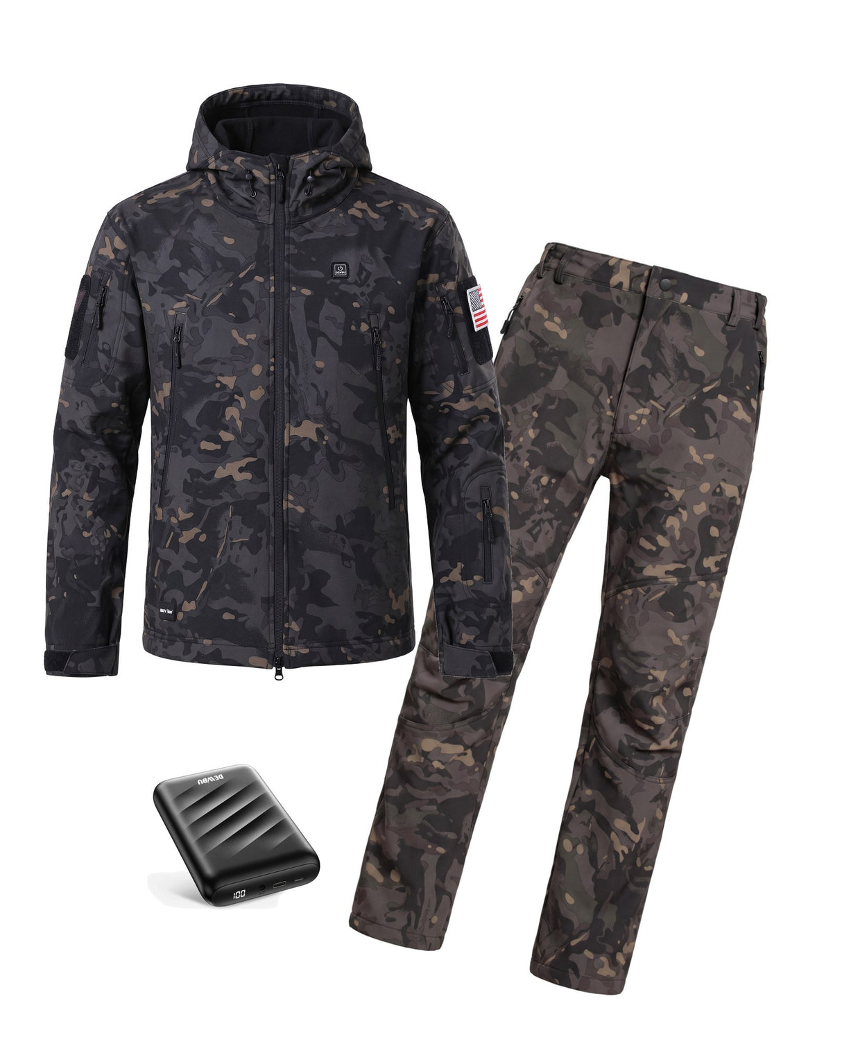 12V Hunting/Outdoor Full-Body Softshell Heated Suit  & Extra Battery Bundle in Camo Black