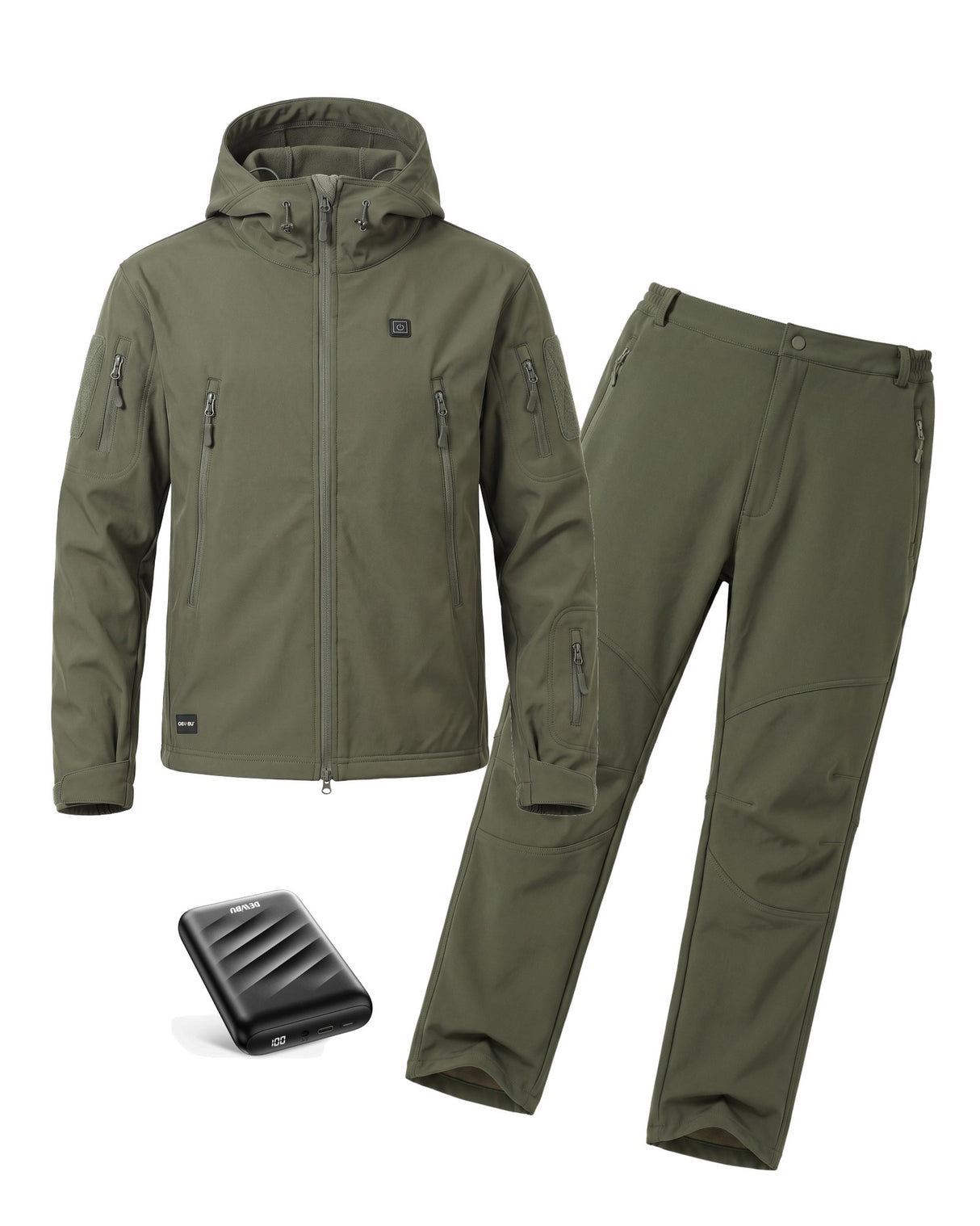 12V Hunting/Outdoor Full-Body Softshell Heated Suit  & Extra Battery Bundle in Olive Green